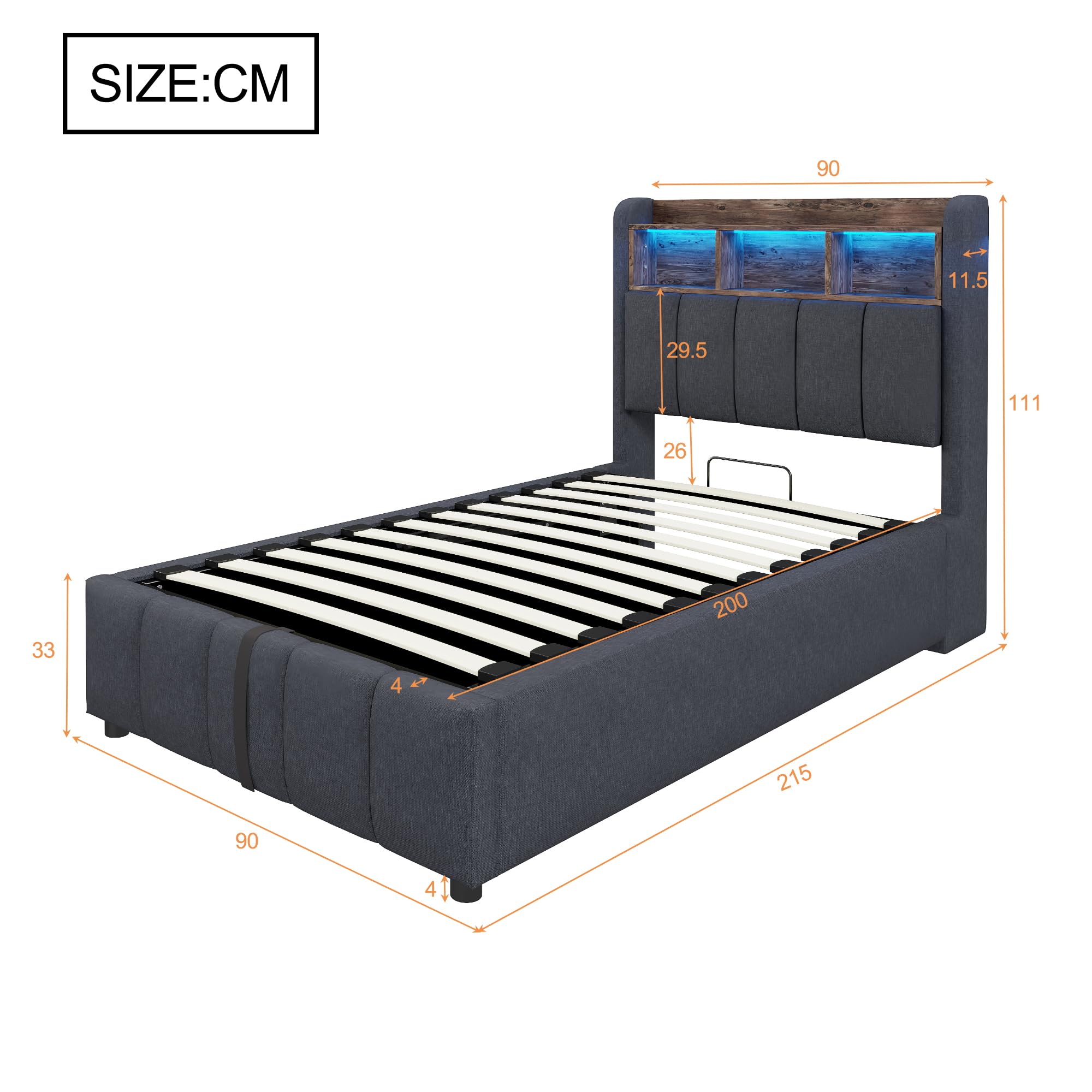 Einzelbett Polsterbett 90x200 cm mit USB Anschluss und LED Licht, Hydraulisches Bett mit Stauraum und Kopfteil, Jugendbett Bettgestell mit Lattenrost, Leinen, Grau, Ohne Matratze