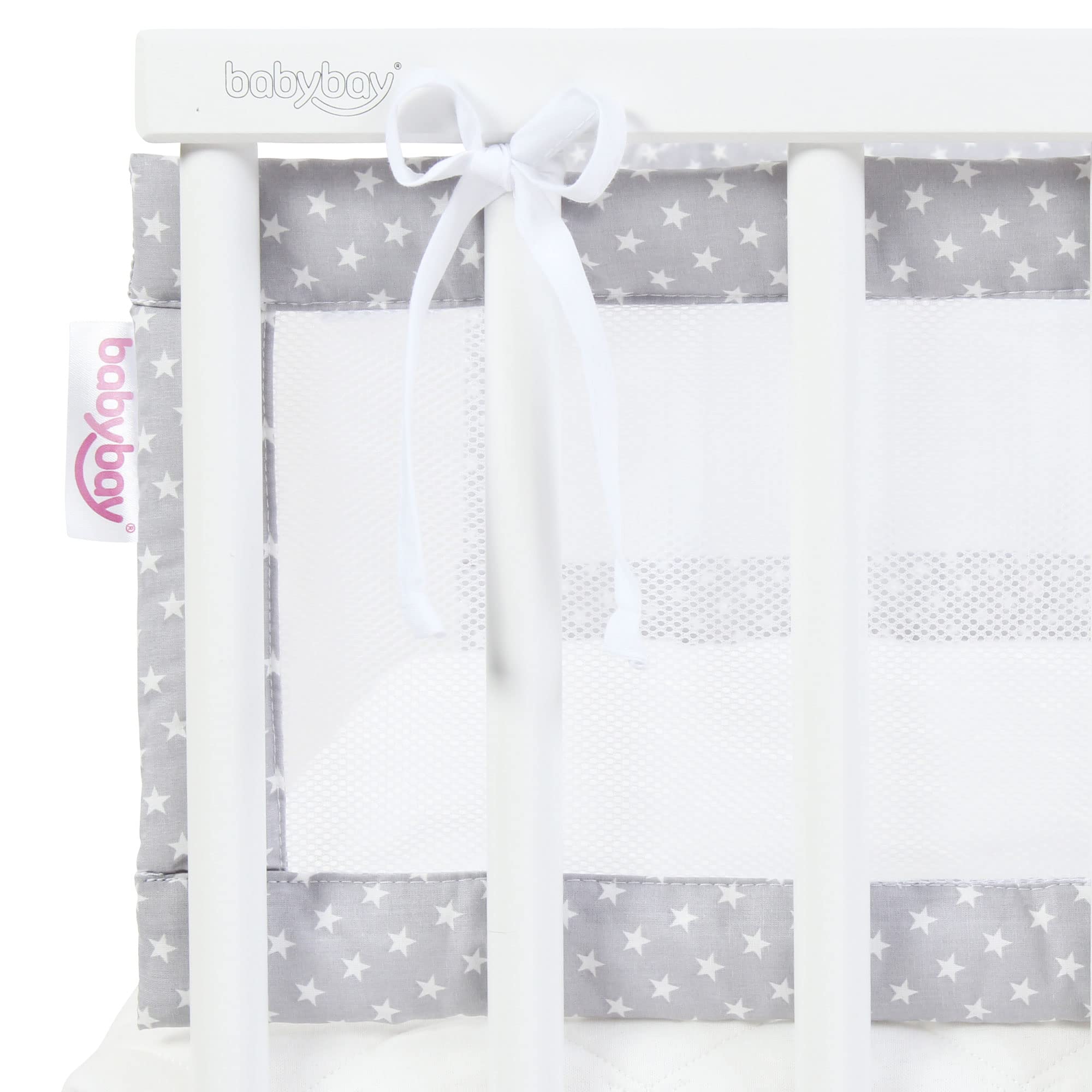 babybay Ochraniacz siatkowy pasujący do modelu Boxspring XXL, jasnoszary, gwiazdy białe