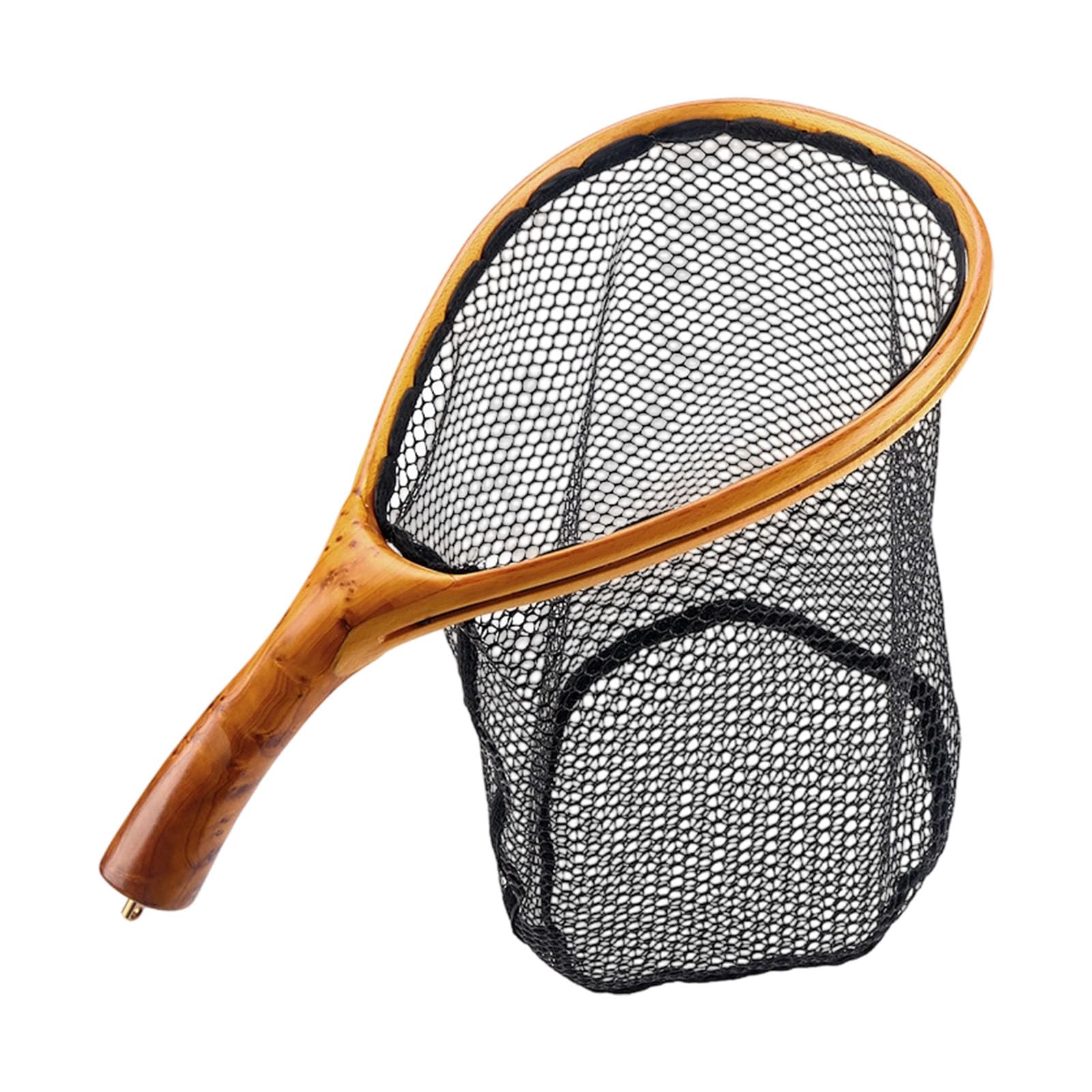 Retino da pesca curvo con manico in legno, design a maglie che protegge i pesci, compatta rete da pesca per pescatori, flussi, pesca