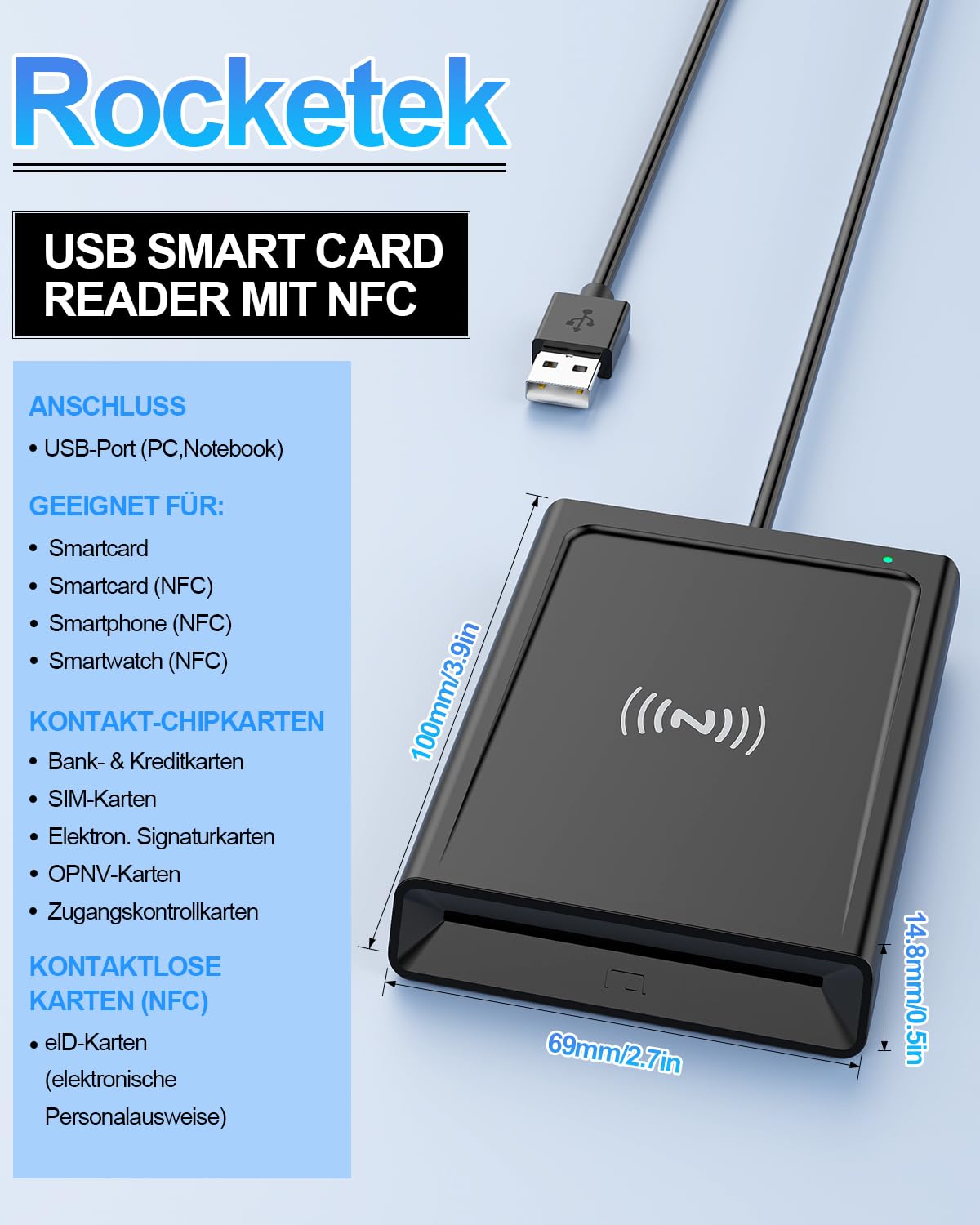 USB Chipkartenleser mit NFC - Smart Card Reader/SIM Kartenlesegerät - Kompatibel mit Windows, Linux, Android -DOD Military Kartenleser für den Neuen Personalausweis Gesundheitskarte Bankkarten