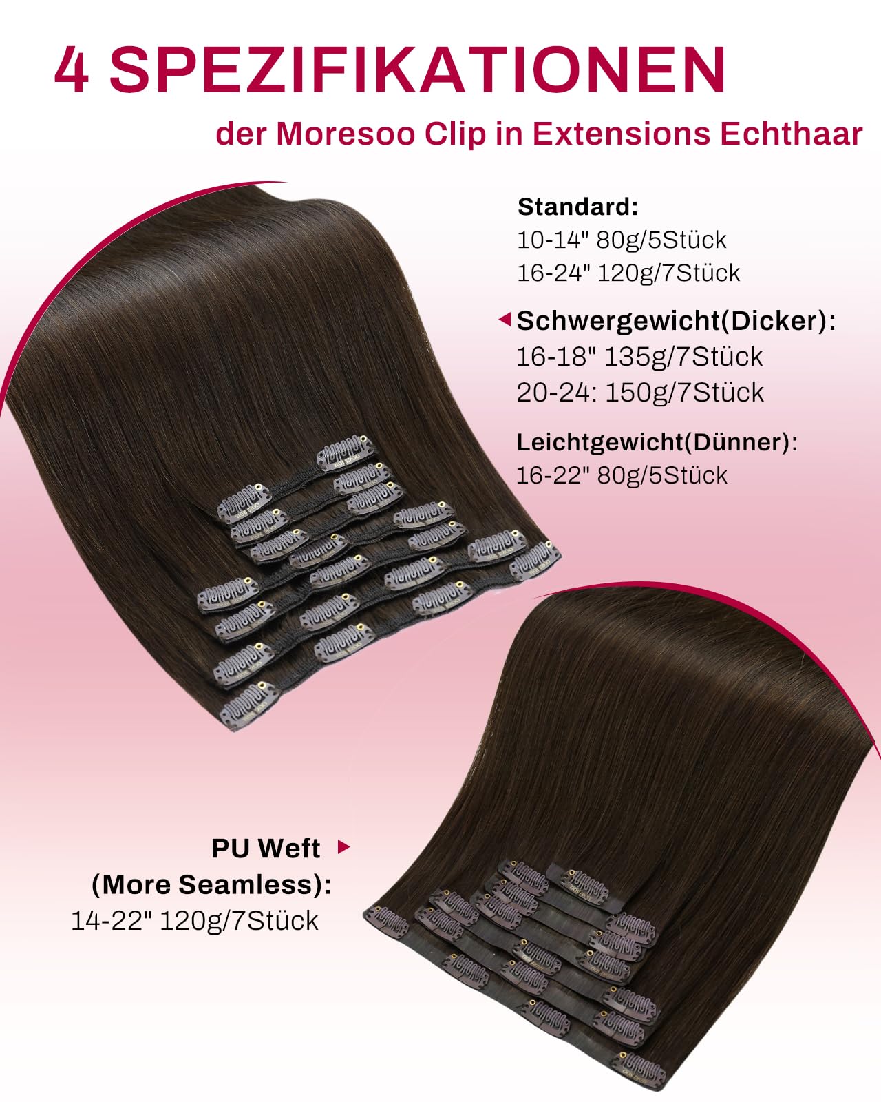 Moresoo Clip in Extensions Echthaar 40 cm 135 g Nahtlos Seidig Dick 7 Stück | Remy Echthaar,Dunkelbraune Farbe,Seidig Glatte Struktur,Natürlicher Übergang,Mehr Volumen Für Das Haar