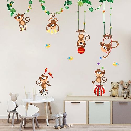 Miniatura 3 de Monkeys Perform - Calcomanías de pared de circo de animales para bebés, decoración de pared para habitación de niños, niñas, niños, guardería, sala