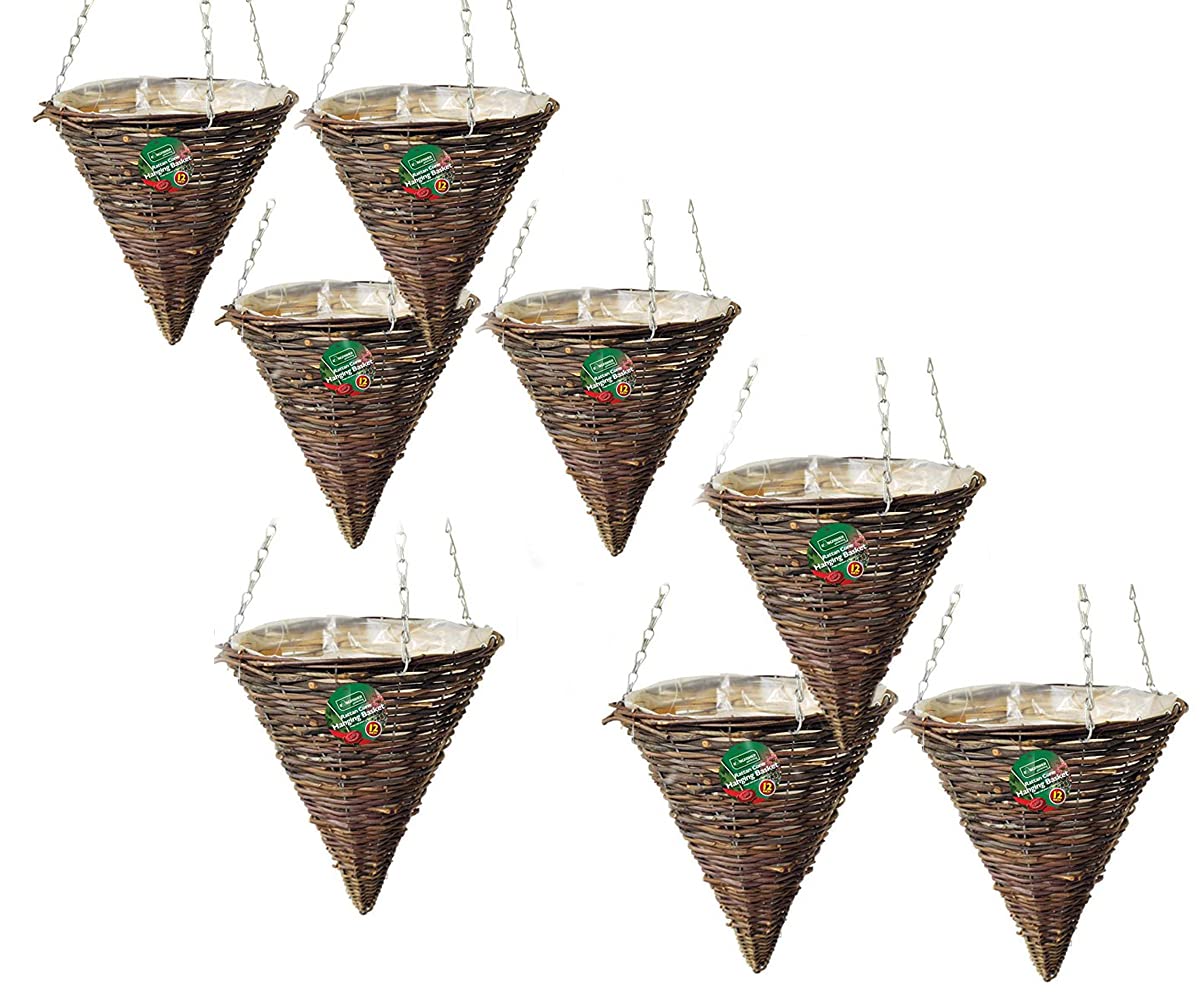 Garden Mile 12" Rattan Cone Garden Hanging Baskets Indoor Outdoor Hanging Planter Plant Pots Rattan Wicker Hanging Basket (12" Rattan Cone Basket) (Eight Baskets)