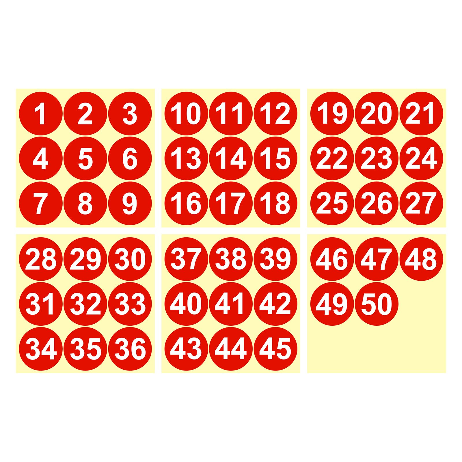 PATIKIL 1 to 50 Number Stickers 3 Inch / 75mm, Consecutive Vinyl Round Labels Self-Adhesive Dot Colored Decals for Inventory Classification Storage Box Organizing, Red