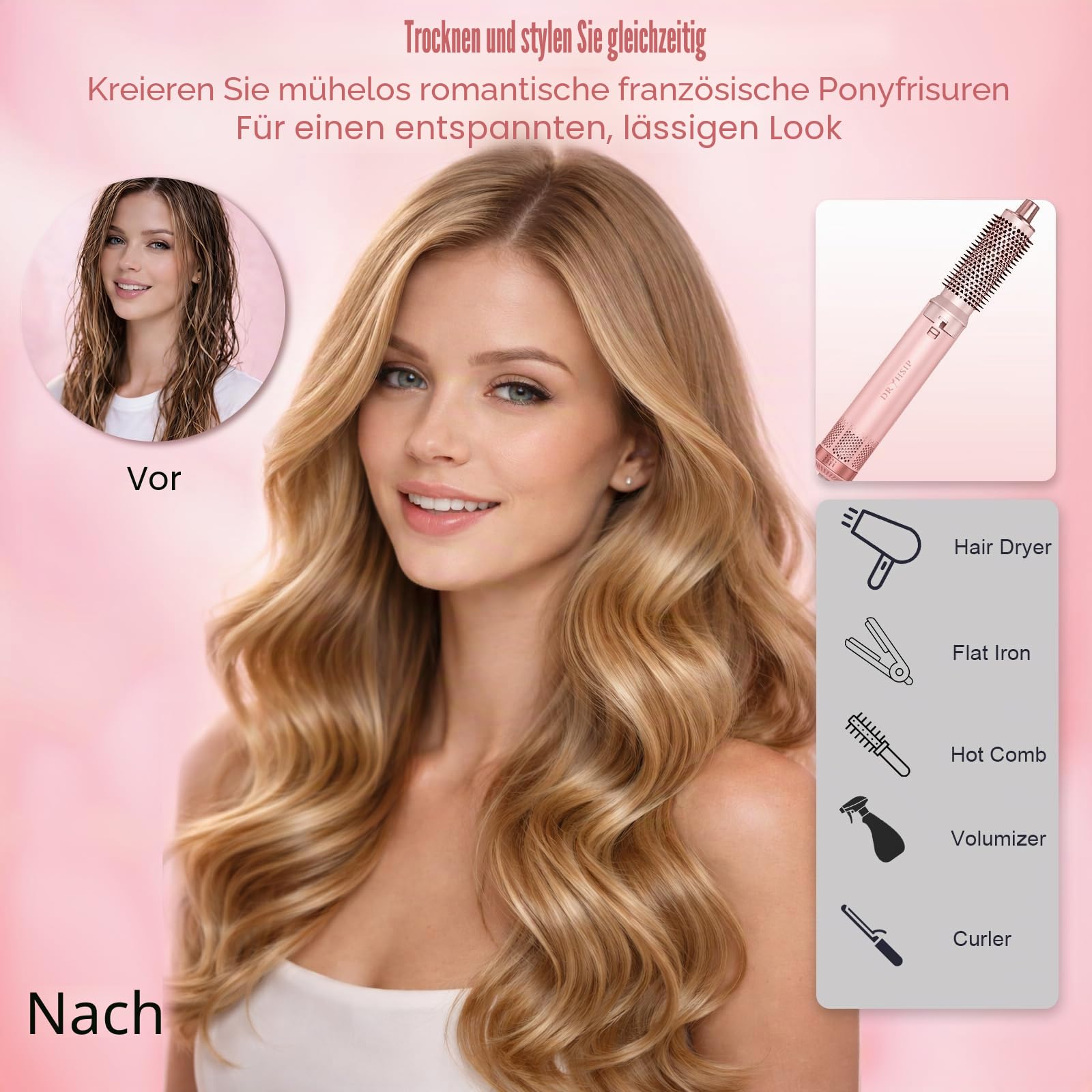 5 in 1 Warmluftbürste, Hairstyler Föhnbürste Volumen Lockenstab | Rundbürstenföhn, Warmluftbürste & Lockenstab – für Glätten, Trocknen, Volumen & Locken-Blush