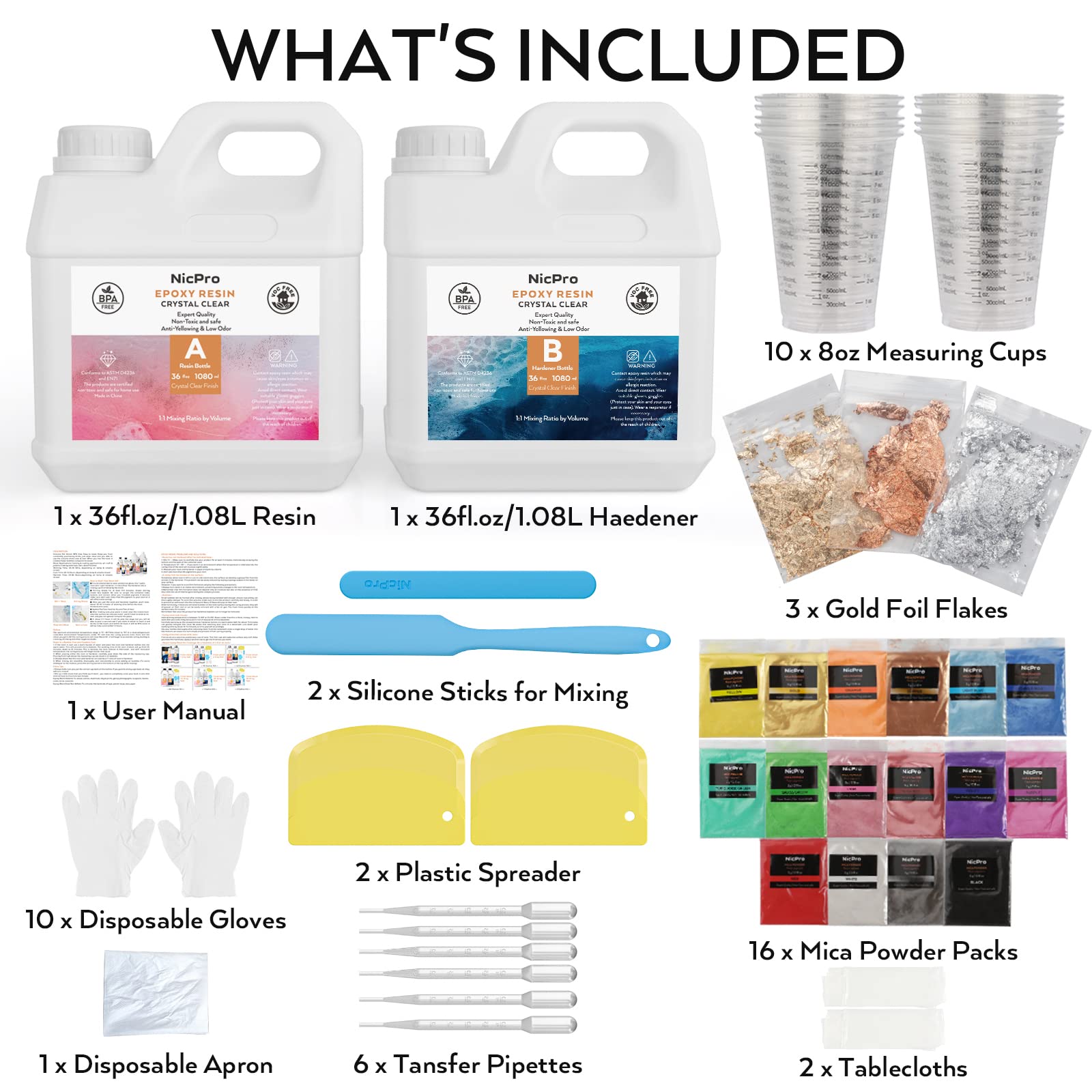 Nicpro kit resina epoxi transparente de 2160 ml/72 onzas, resina epoxi para mesas artesanales, fabricación de joyas, molduras, pintura artística con 16 polvos de mica, tazas medidoras y más