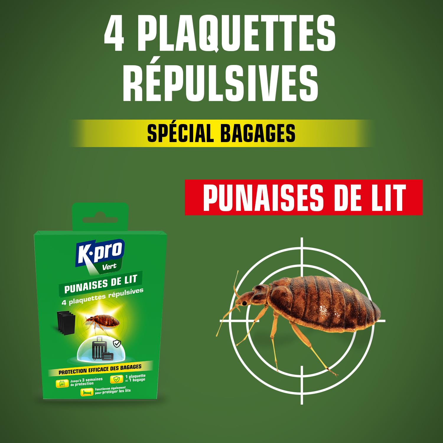 K.PRO Plaquettes répulsives punaises de lit, 4 plaquettes, protège bagages et lits, jusqu'à 3 semaines de protection, 1 plaquette = 1 bagage, intérieur