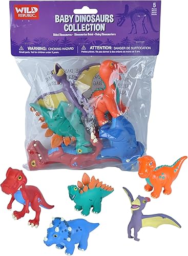 Wild Republic Baby Dino Polybag, T-Rex, Stegosaurus, Brachiosaurus, Triceratops, Pteranodon, figuras de dinosaurio, regalos para niños, juego de 5