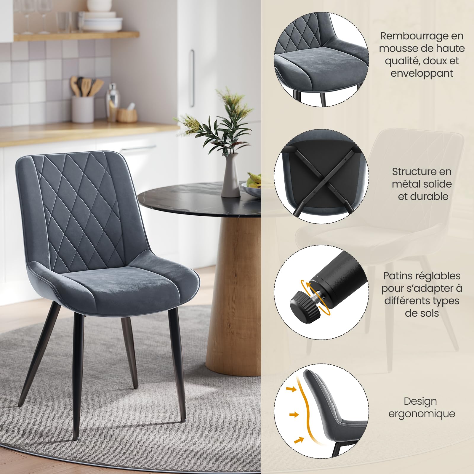INRE Lot de 4 Chaises Salle à Manger en Velours, Chaise de Cuisine Rembourrée avec Dossier Ergonomique, Pieds en Métal, Patins Réglables, pour Salon Bureau Chambre, Gris Foncé