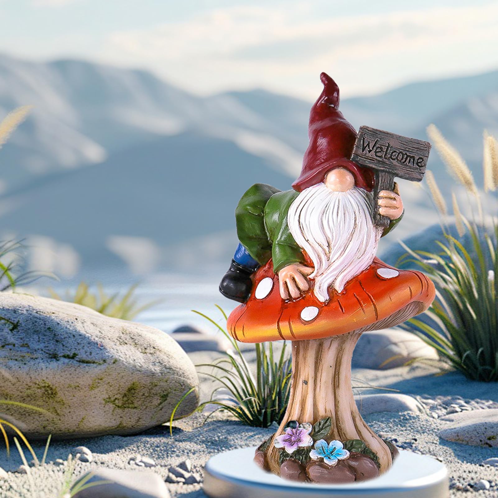 Statuetta decorativa a forma di nano da giardino su fungo in resina – Simpatico cartello di benvenuto per casa e giardino, 10,5 x 8 x 17,5 cm, decorazione perfetta per gli amanti dei nani