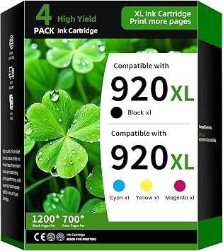 920XL Ink Cartridge 4-Pack Replacement for HP 920 Combo Pack Compatible with HP Officejet 6500 6500A 6000 7000 7500 7500A E709 Printer Ink4PK Black Cyan Magenta Yellow