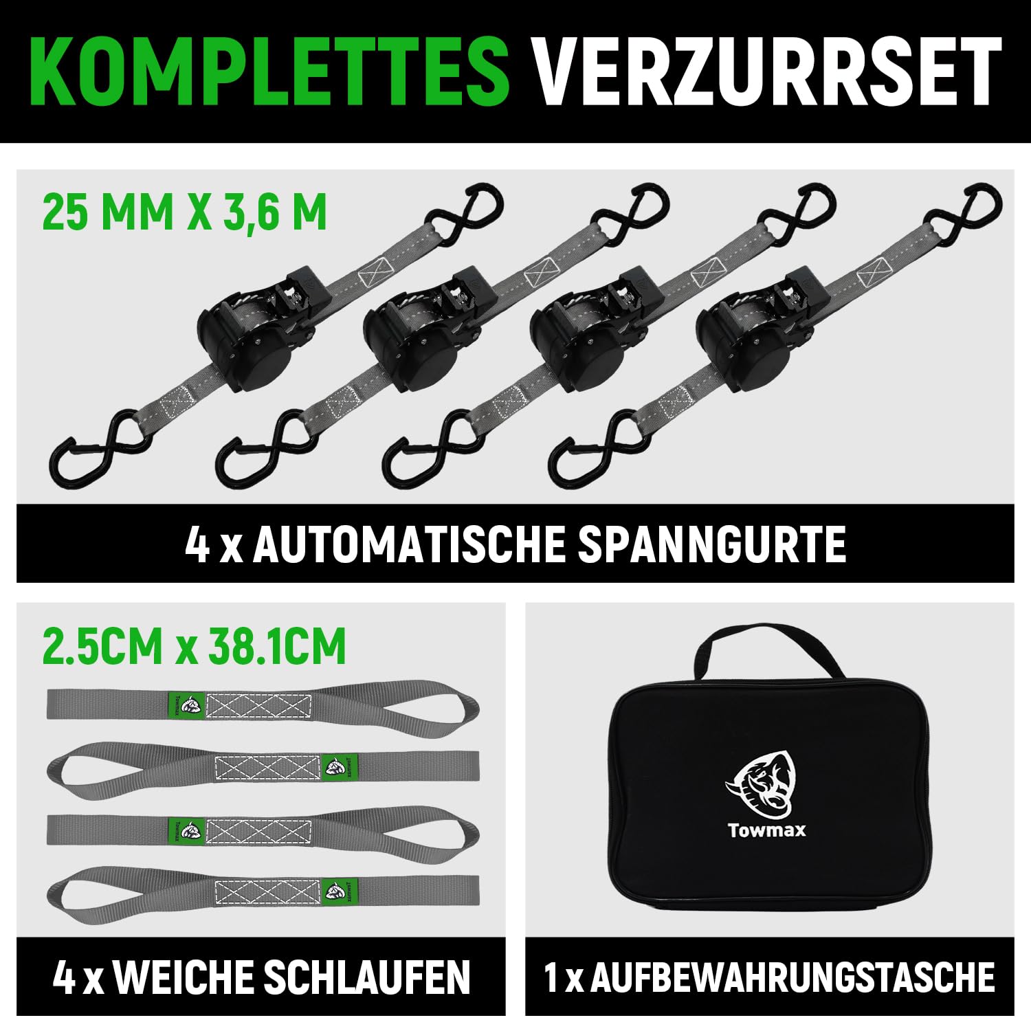 Automatik Spanngurt, 3,6m x 25mm Automatik Zurrgurt mit S Haken | 800kg Bruchlast Einziehbare Spanngurte, Selbstaufrollende Spanngurte für Motorrad, Kajak, LKW und Anhänger (Grau, 4 Stück)
