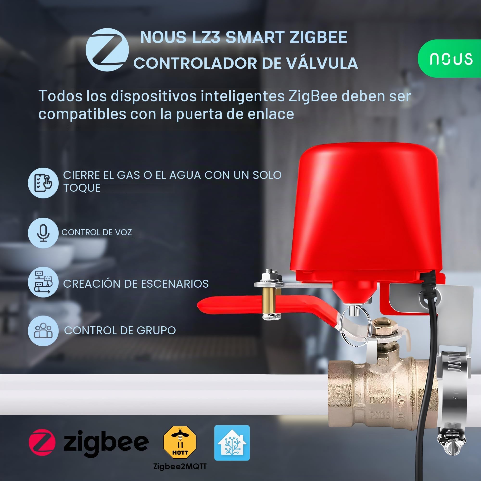 Válvula de agua NOUS LZ3 ZigBee, compatible con Google Assistant Alexa, NOUS Smart App, Tuya Smart Life, temporizador, válvula de agua ZigBee, control de riego MQTT, ZigBee2MQTT.