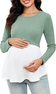 Women’s Maternity Shirts Long Sleeve Nursing Tops Scoop Neck Patchwork Breastfeeding Shirts Pregnancy Clothes