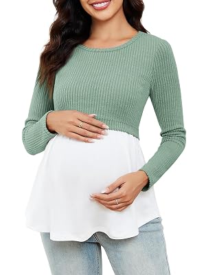 Womens Maternity Shirts Long Sleeve Nursing Tops Scoop Neck Patchwork Breastfeeding Shirts Pregnancy Clothes Green