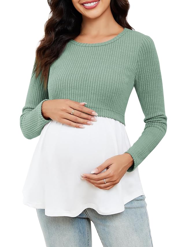 Womens Maternity Shirts Long Sleeve Nursing Tops Scoop Neck Patchwork Breastfeeding Shirts Pregnancy Clothes Green