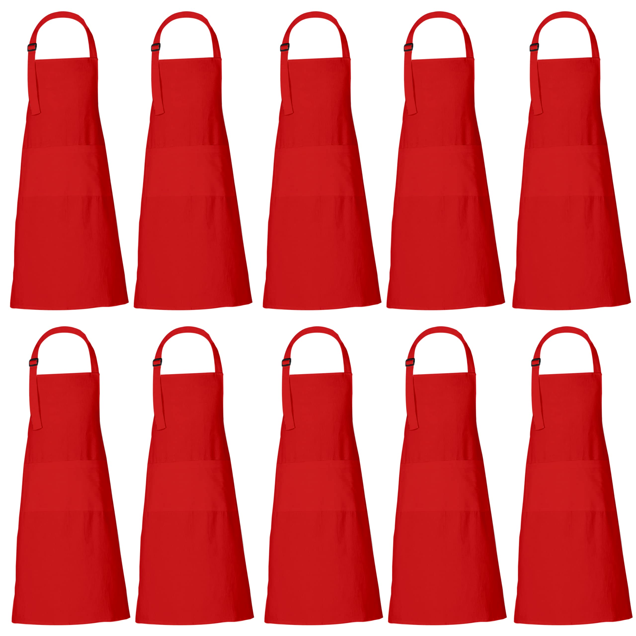 RAJRANG Cotton Chef Apron with 3 Pockets | Unisex Red Full Length Cooking Aprons for Men & Women | Durable Kitchen, BBQ, Gardening & Work Use | Machine Washable Pack of 10