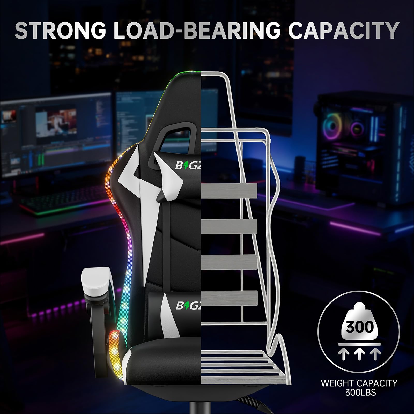 Silla de juegos con luces LED, silla reclinable ergonómica con luces RGB, reposacabezas ajustable y soporte lumbar, silla de oficina de piel sintética para computadora, altura e inclinación