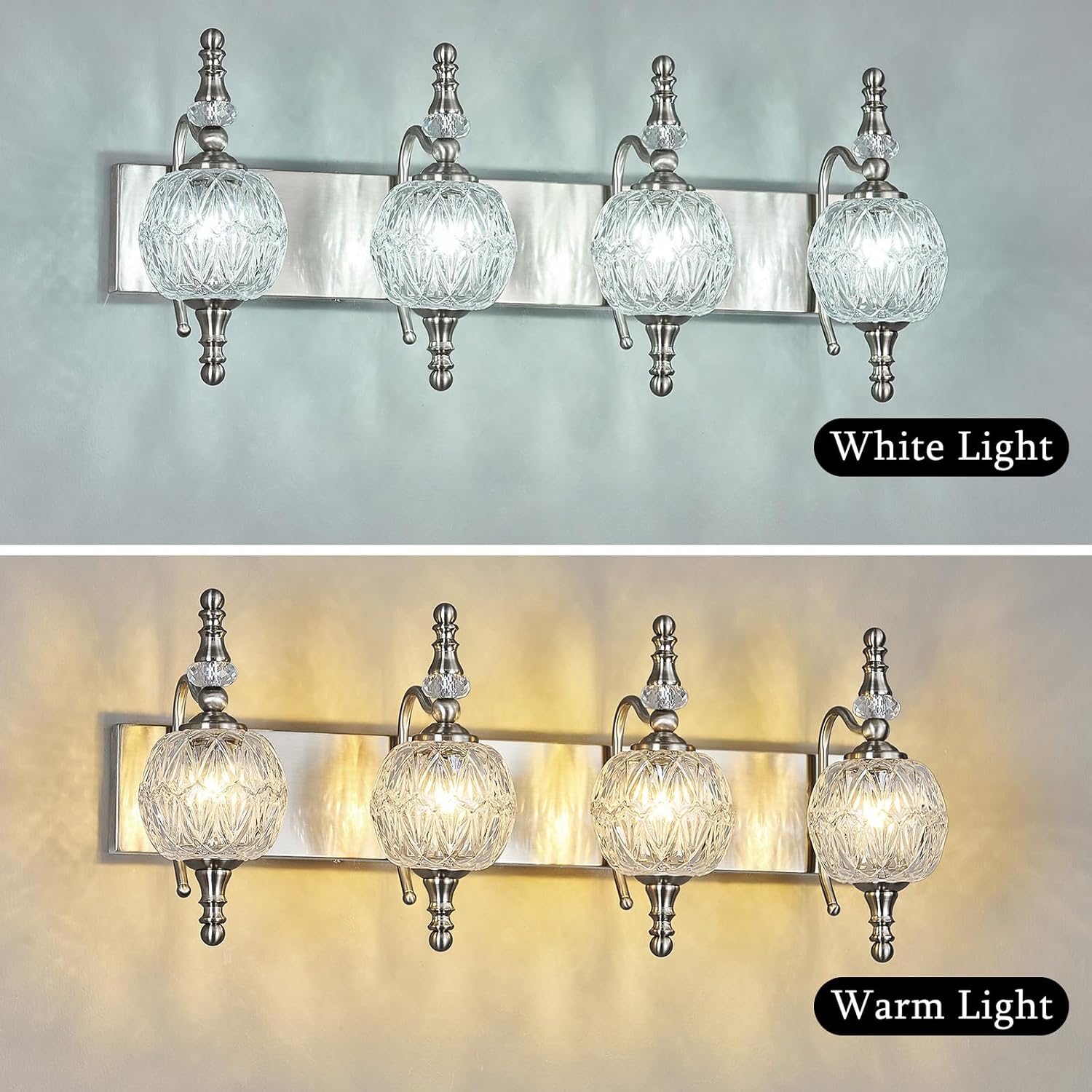 Modern Crystal Bathroom Vanity Lights Fixtures Over Mirror Brushed Nickel Vintage 4-Lights 28 Inch Bathroom Light Fixtures Glass Crystal Vanity Lights