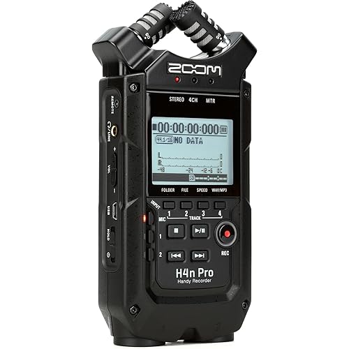Zoom H4n Pro 4-Track Portable Recorder, All Black, Stereo Microphones, 2 XLR/ ¼“ Combo Inputs, Battery Powered, for Stereo/Multitrack Recording of Music, Audio for Video, and Podcasting