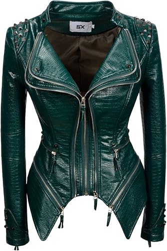 Fashion SX Chaquetas de cuero sintético con estampado de cocodrilo sintético para mujer, estilo punk, con cremallera, abrigo de motociclista