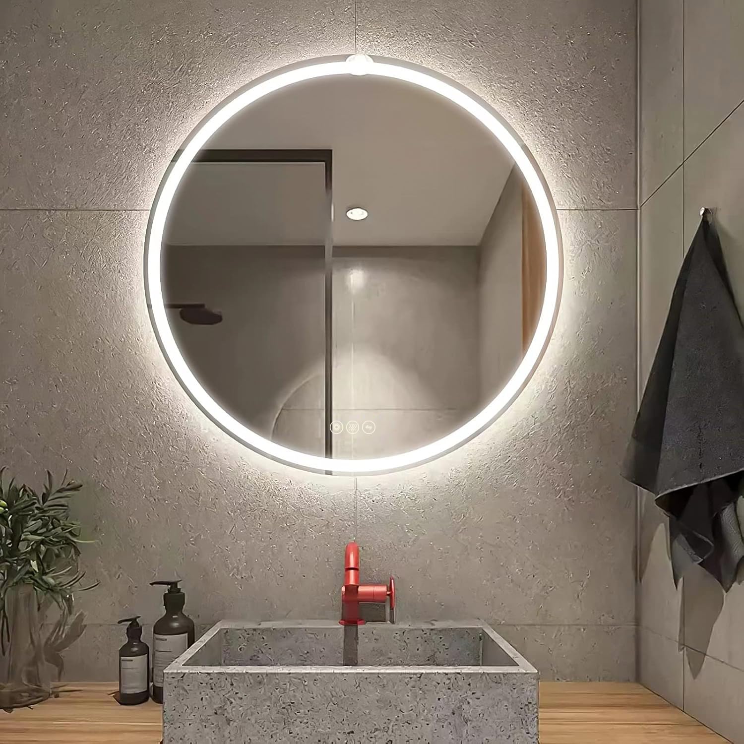 AI-LIGHTING 500mm Round Bathroom LED Mirror Illuminated Backlit Bathroom Circle Mirror with LED Lights for Wall Touch Switch Demister 3 LED Light Color Dimmable