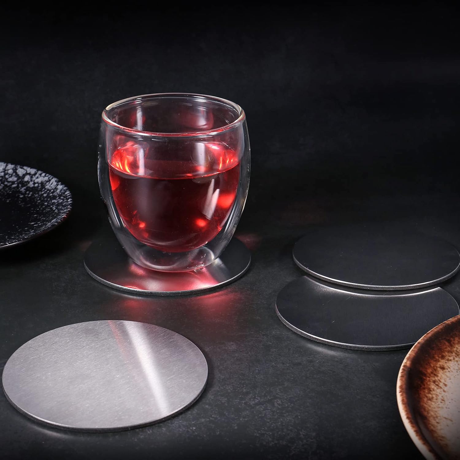 Cup Coasters, Newness Cup Coasters Set with Decorative Rack, Stainless Steel Tabletop Display Round Cup Coaster with Holder, Silver, Set of 4 - Image 2