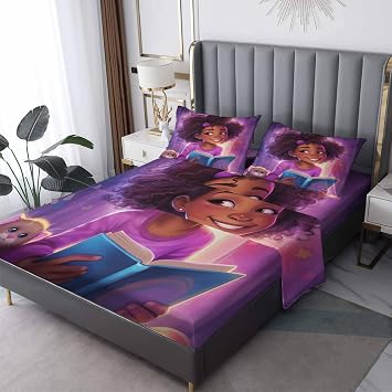 African American Black Girl Sheets Queen Sheet Set - Teen Girls Bed Sheets, Soft Microfiber & Deep Pocket & Wrinkle Free Bedding Sheets & Pillowcases, 1 Fitted Sheet, 1 Flat Sheet, 2 Pillow Cases