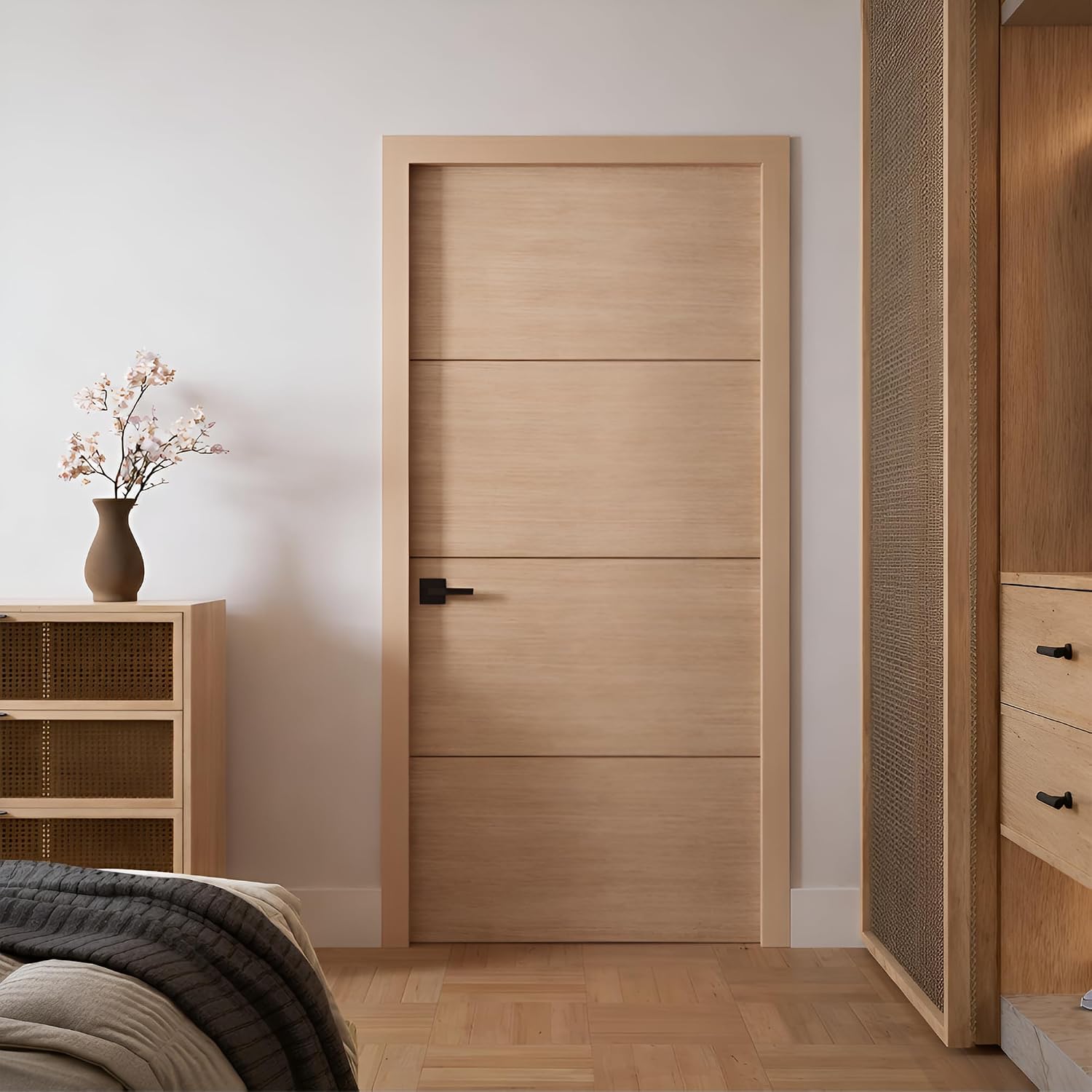 Brentwood White Oak Flush Interior Door – 42” X 80” X 1-3/4” Solid Core Interior Wood Door with 3 Horizontal Grooves - Unfinished Slab, Residential & Commercial Use