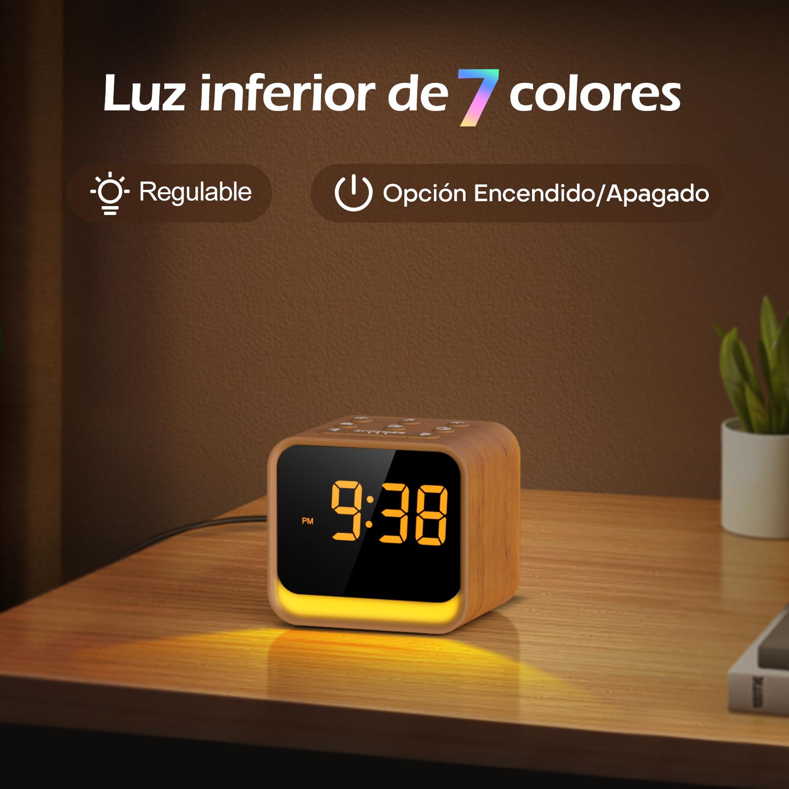 Reacher radio reloj despertador digital con FM, máquina de ruido blanco con 24 sonidos relajantes, 9 sonidos de alarma, brillo ajustable, luz nocturna de 7 colores, apagado automático y repetición