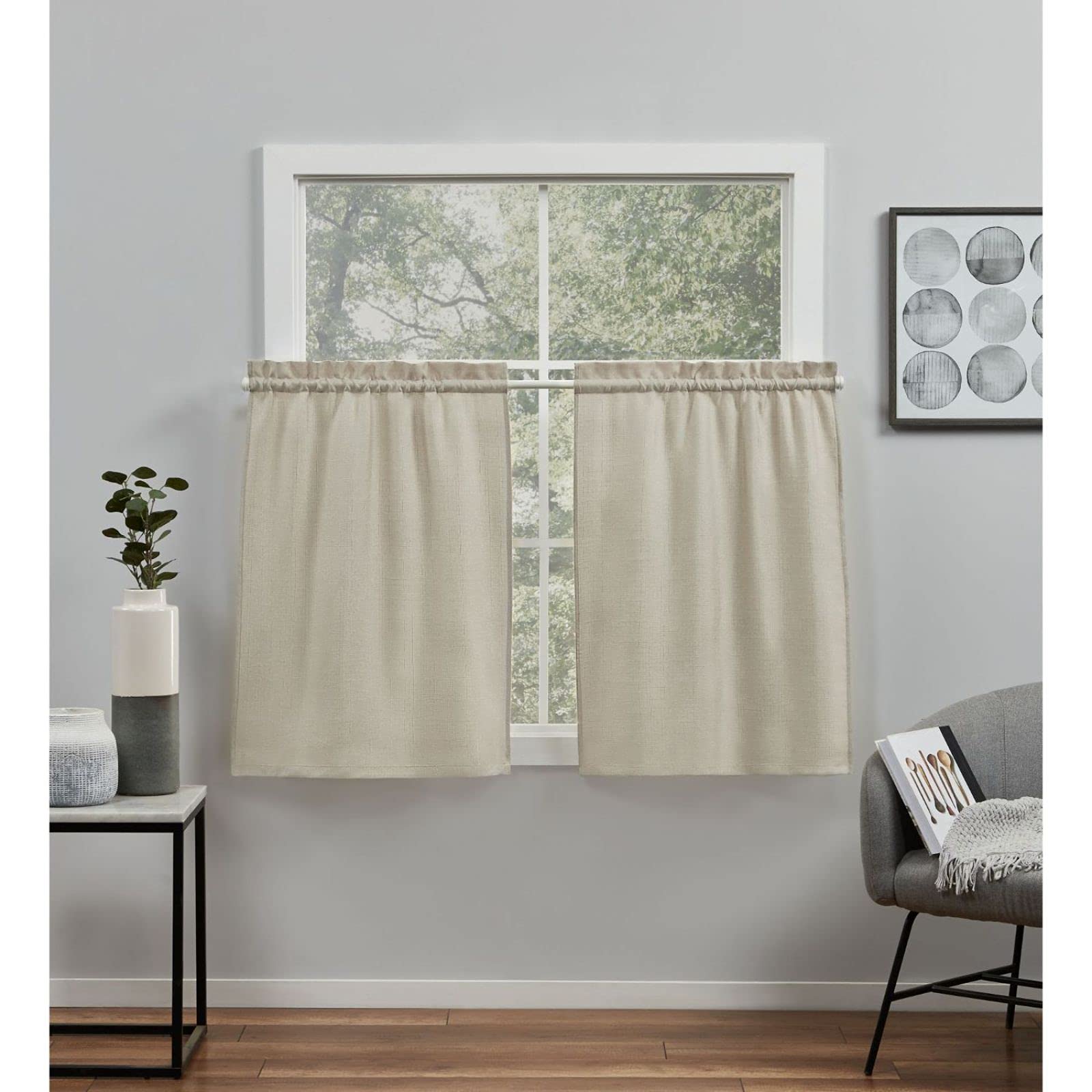 Exclusive Home Loha Light Filtering Rod Pocket Tier Curtain Panel Pair, 26"x36", Natural, Set of 2