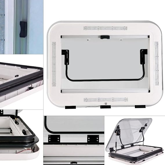 RV Roof Vent Kit with LED Light, 500/700/800 x500 mm Cut Out for RV Caravan Roof Window Hatch, Large Skylight with Double-Layer Hollow Acrylic Cover, Net Sunshade for Camper Trailer Motorhome