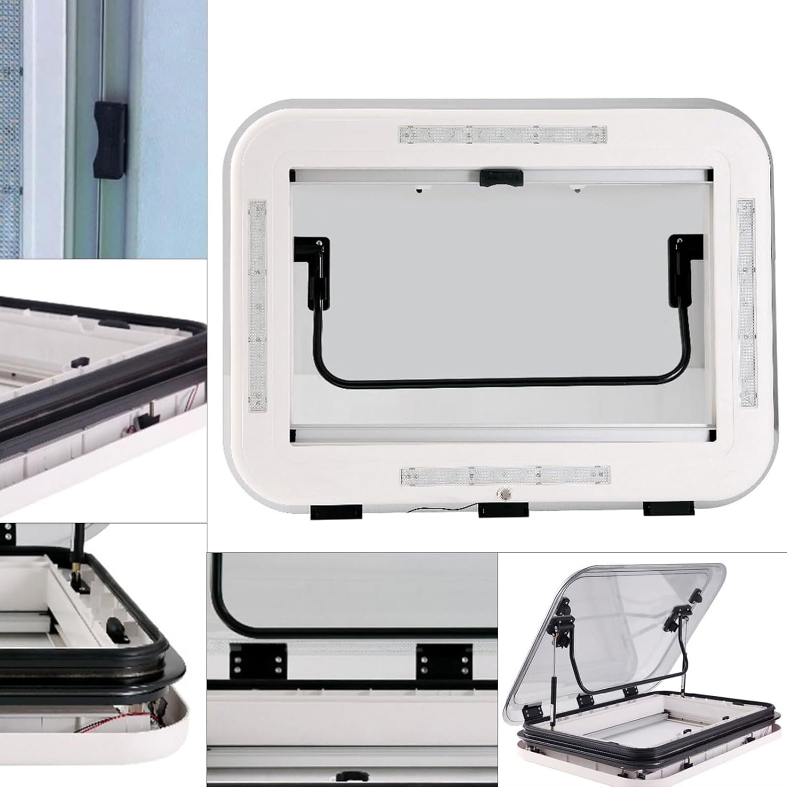Latarnia dachowa do samochodu kempingowego z diodami LED i moskitierą, wycięcie 500/700/800 x 500 mm, podwójne puste, akrylowe przeszklenia, z roletą, zamiennik do przyczepy kempingowej