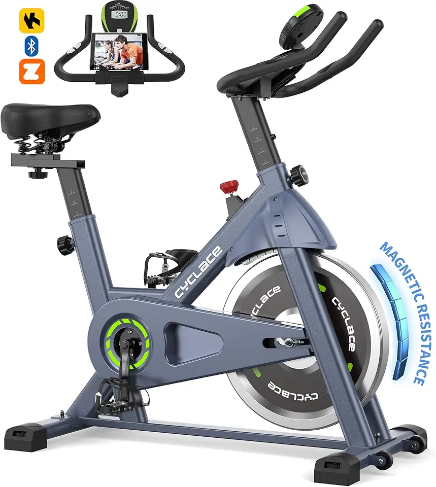 Cyclace Bicicleta ergométrica, bicicleta ergométrica magnética para casa, bicicleta de ciclismo cardiovascular com baixo ruído, compatível com aplicativo, capacidade de peso de 136 kg e suporte para