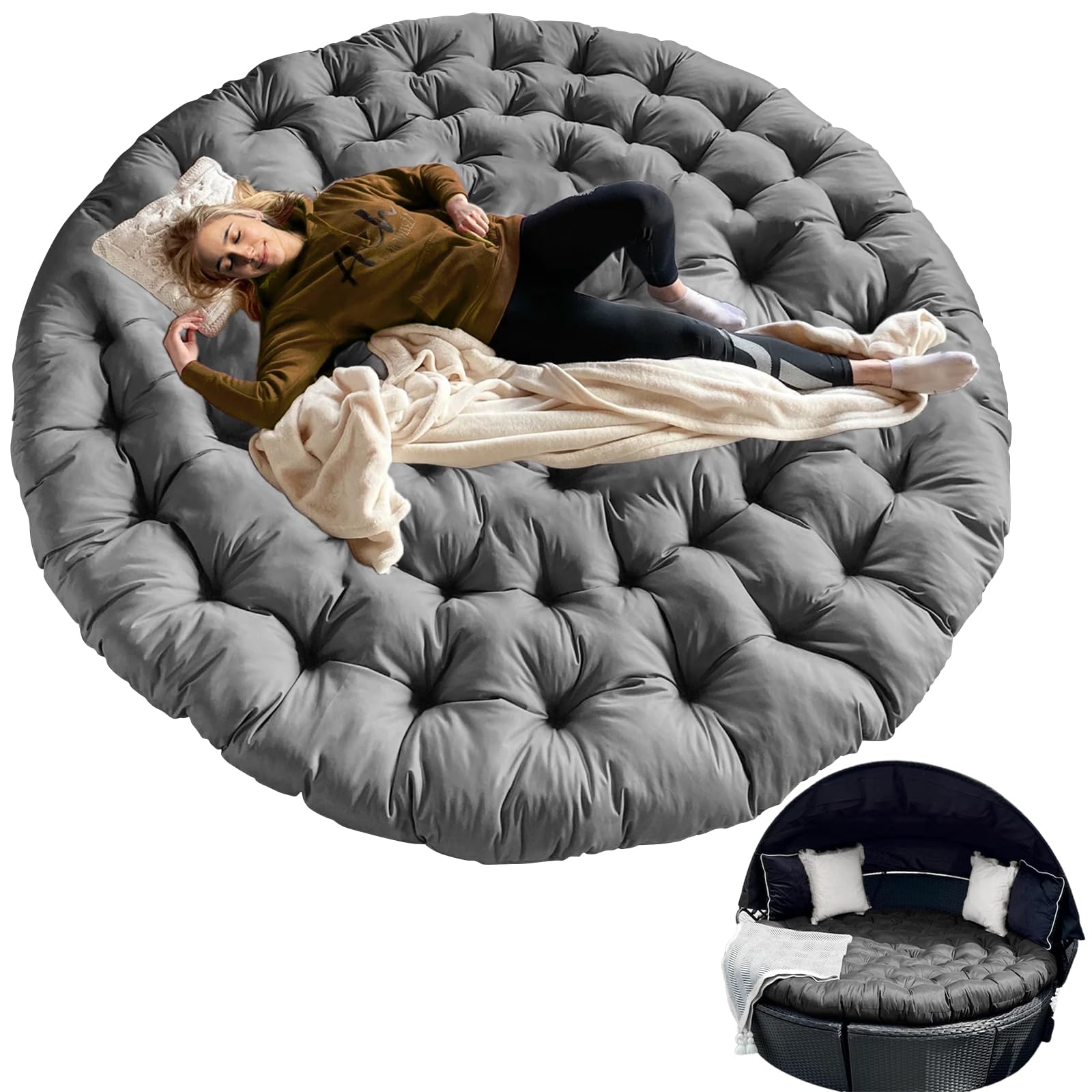 ZOALXZNT 66in Outdoor Round Daybed Cushion,Round Floor Seating Futon Pad,Circle Sun Island Sunbed Mattress Waterproof,Patio Day Bed Replacement Cushions (Dark Gray, 66 * 6in)