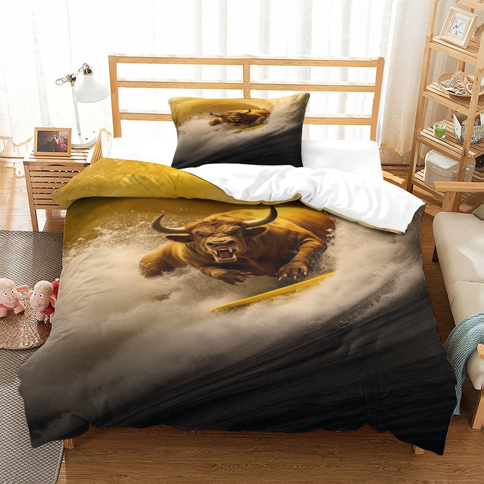 P1S9U7W5Y Realistic Bull 3D Printed Microfiber 3 Piece Duvet Cover Set for Adults Bedroom Decor Western Cow Bedding Set Soft Gift Single（135x200cm）