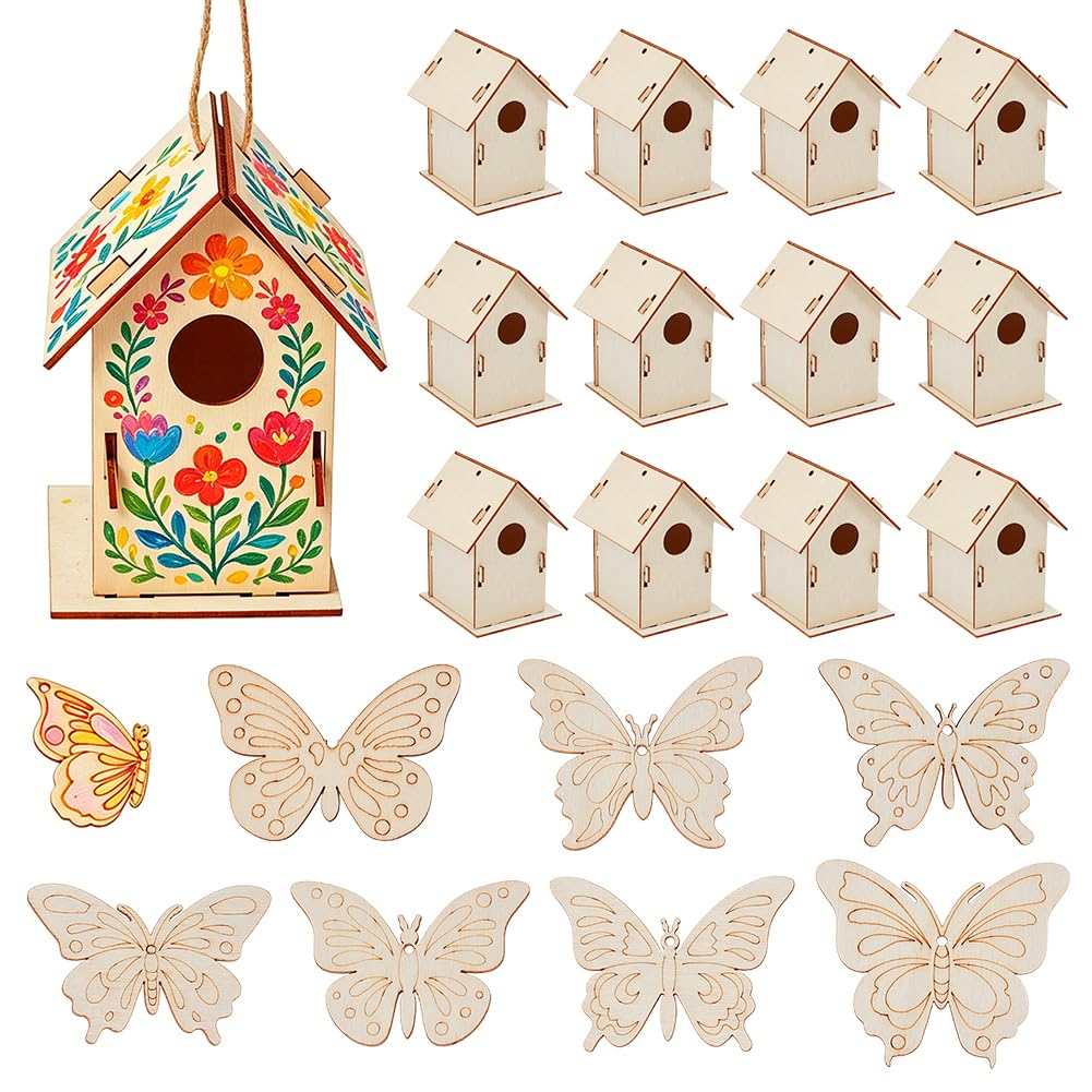 Juego de 16 casitas de madera para pájaros de mariposa, para bricolaje, sin terminar, para colgar, proyectos de manualidades de madera, para manualidades, primavera y verano, comedero para