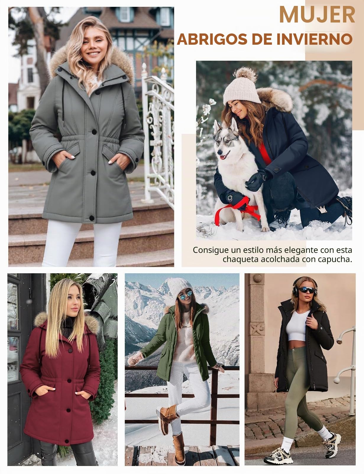 CMTOP Chaqueta Mujer Invierno Abrigo Cálido Impermeable Parka de Viento con Capucha de Piel Desmontable Jacket Elegante Casual Mediana Larga Outwear Slim Fit con Bolsillos