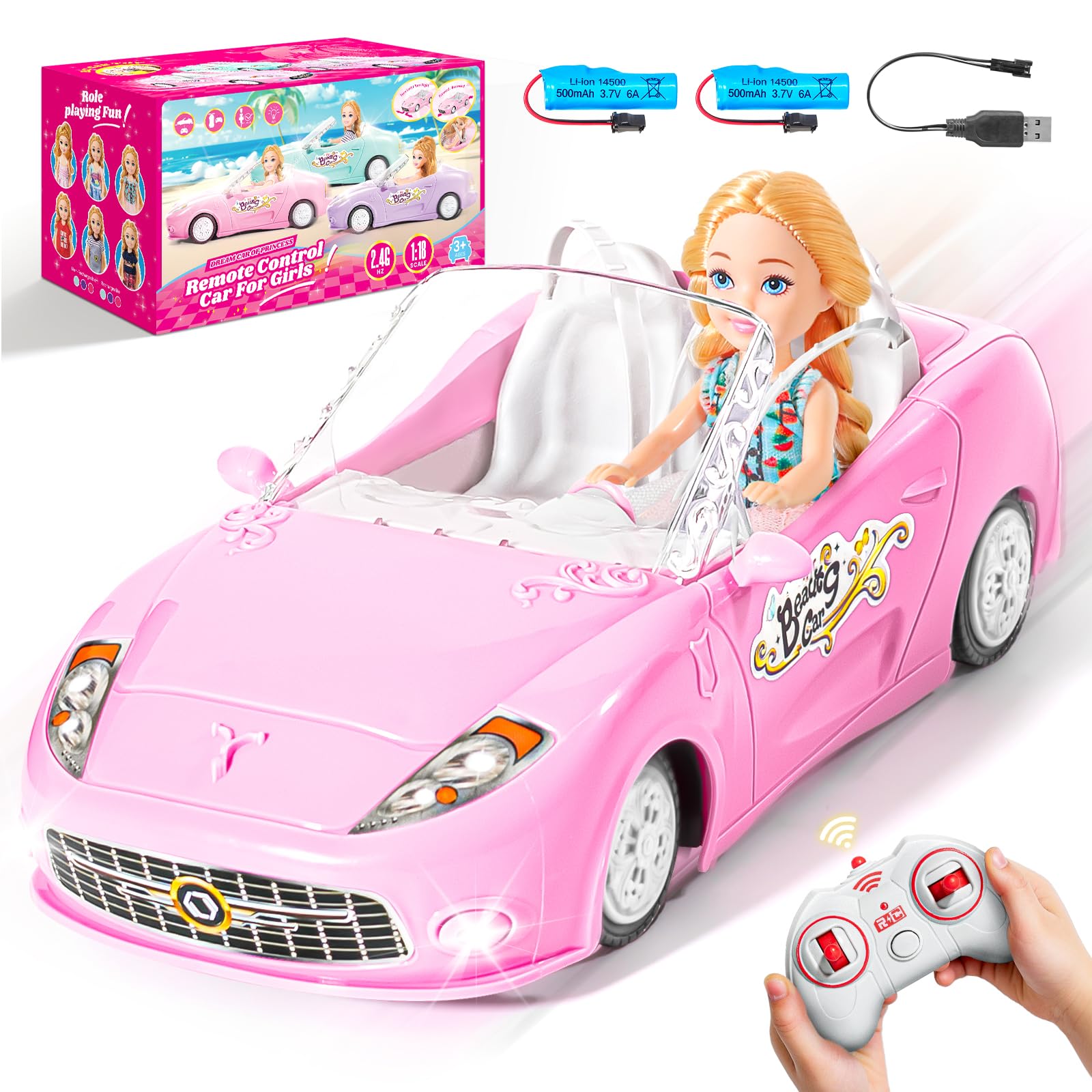 Pink Remote Control Car for Girls, 1:18 Scale RC Cars with LED Light, 2.4 GHZ Pink Truck Toy with 100 Min Long-Lasting Rechargeable Batteries, Gifts for Boys Girls Aged 4-7