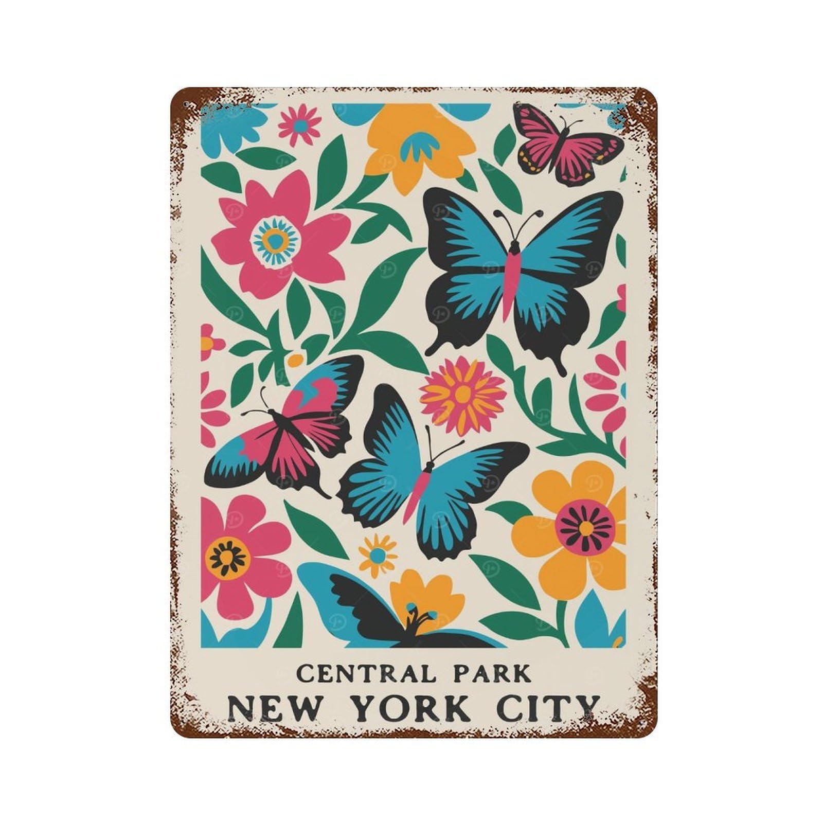 Garage Style Central Park Butterflies Distressed Metal Wall Sign 15.7"x11.8", Shabby Chic Decor for Bar And Workshop