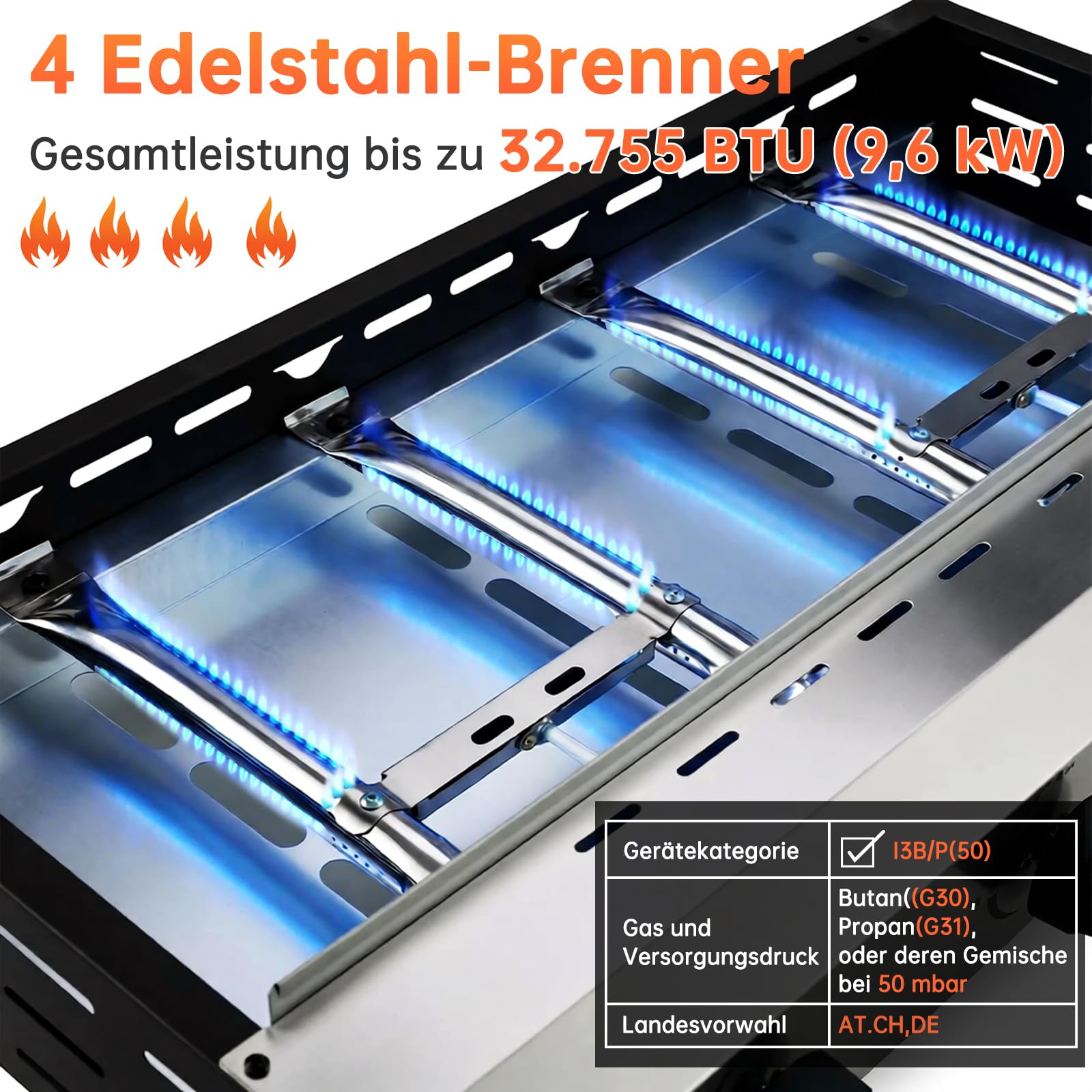 LIFERUN Tischgasgrill mit 4 Edelstahl-Brenner(9.6KW),groß Tischgrill mit Deckel(Grillfläche 74×35cm),Campinggrill Keramische Lackbeschichtung Grillplatte,Balkongrill für Familien,Gartenpartys,Feiern