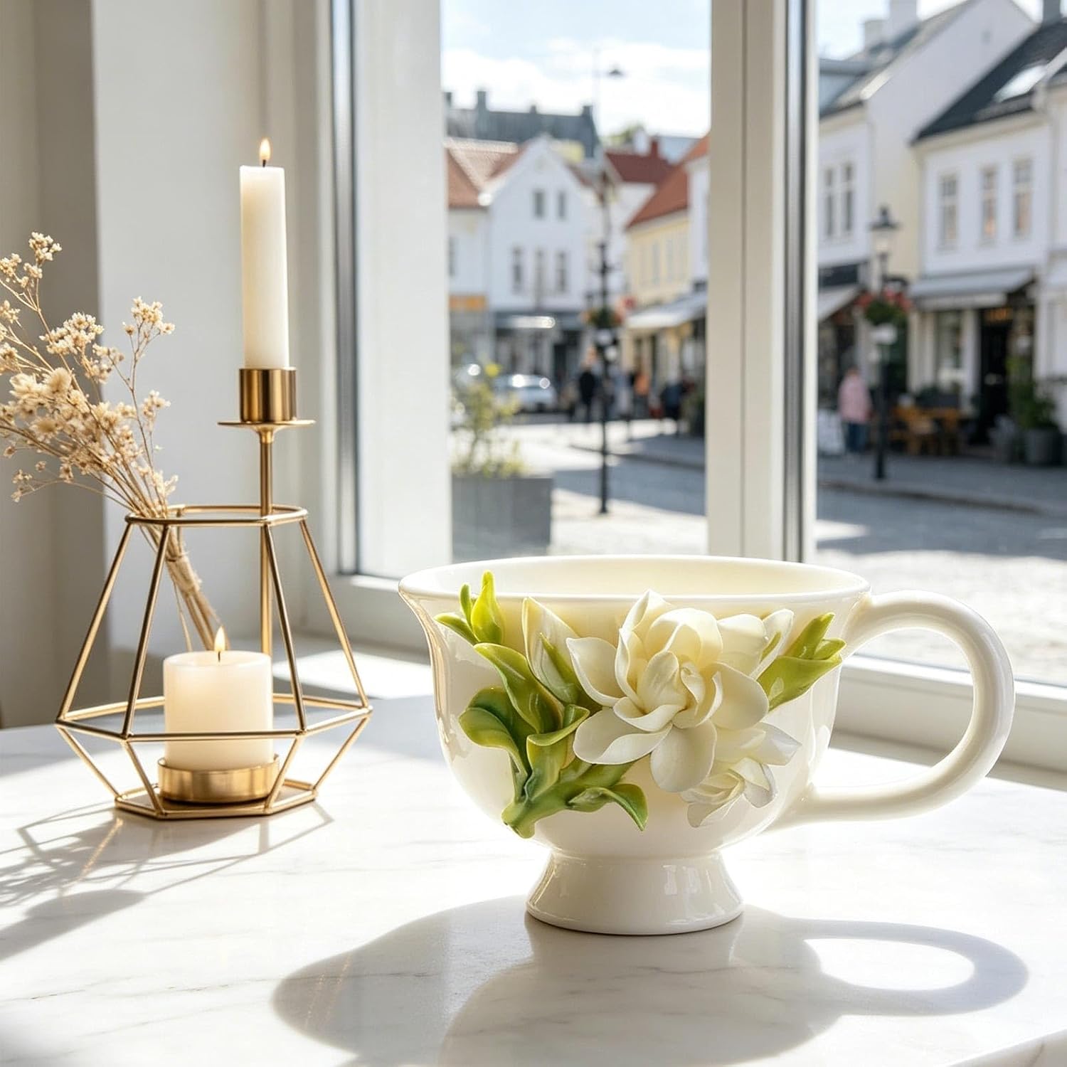 Handmade 3D Gardenia Flower Ceramic Mug, Handcrafted Porcelain Coffee Cup with Unique Floral Relief Design, Artistic Tea for Home Decor, Birthday Gift for Women, Lovers