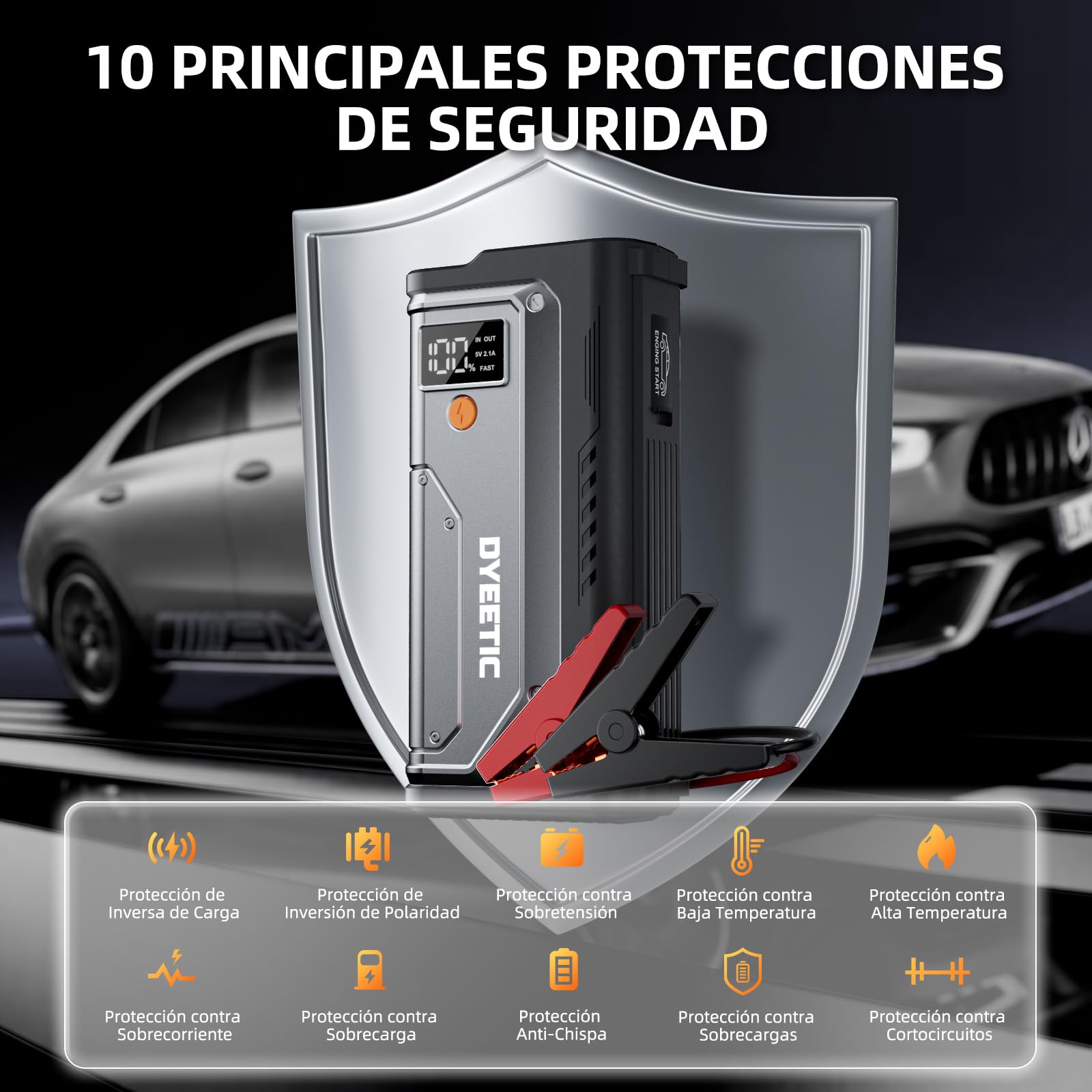 8000A Arrancador de Coche,Arrancadores de batería de Coche,12V Jump Starter Portátil (para All Gasolina o 12L Diesel), Linterna LED de Emergencia, Cables de Arranque