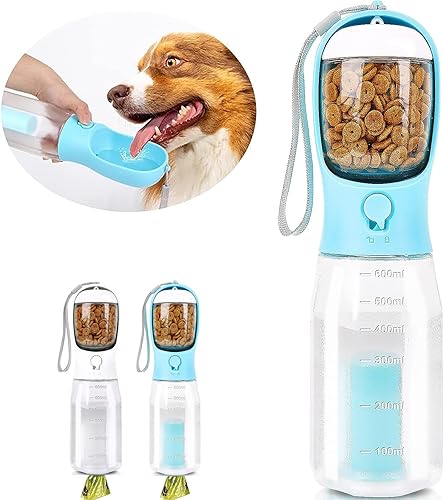CAOANTRY Botella de agua para perros 3 en 1 para caminar, sostiene bolsas de alimentos, agua y basura, dispensador portátil para cachorros a prueba