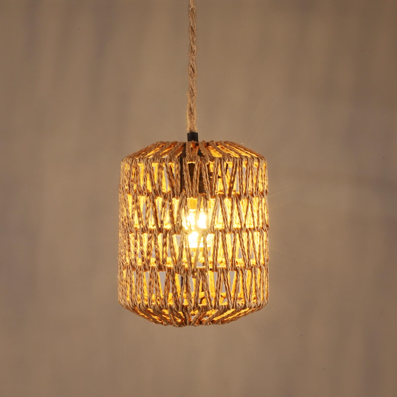 Goeco Lámpara Colgante de Cuerda Vintage, Portalámparas E27 Lámpara de Techo Rústico, Lámpara de Ratán Retro para Dormitorio Salón Comedor, Bombillas No Incluidas