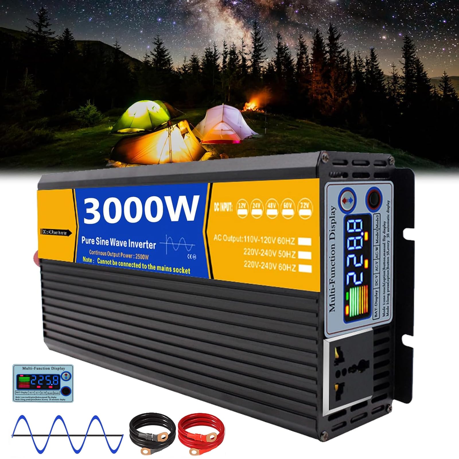 3000 W DC 12 V 24 V 48 V 60 V 72 V do 110 V-120 V/220 V-230 V Przetwornica Czysta Fala Sinusoidalna 1 Gniazda AC z Wyświetlaczem LCD Do Domu, Kempingu, Kampera, Solarnego Poza Siecią,12V to 230V
