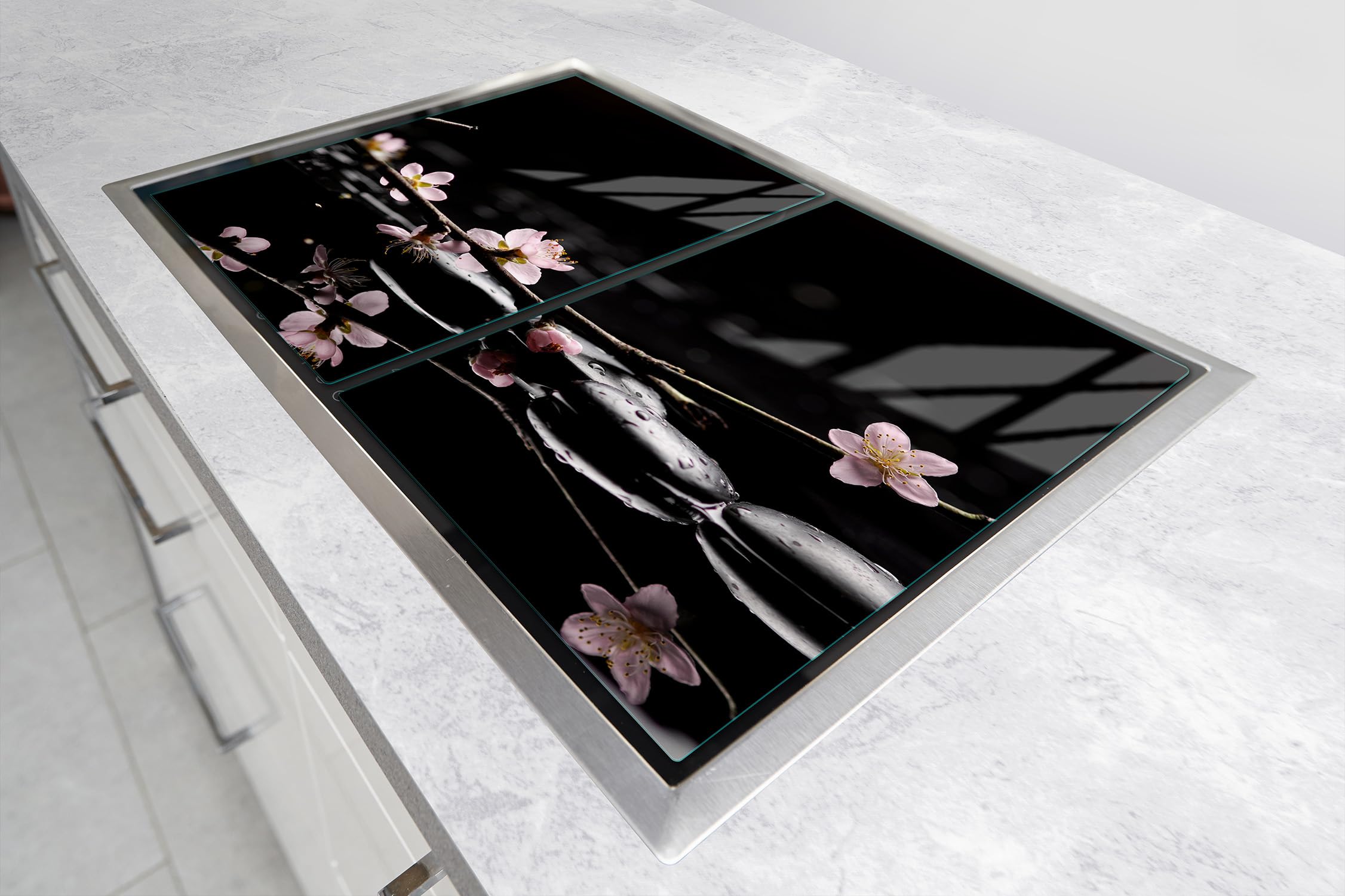TMK ArtDeko Plaque de protection universelle pour plaque de cuisson 2 x 35 x 52 cm 2 pieces Protection contre les éclaboussures Planche a découper en verre trempé Décoration, Fleur