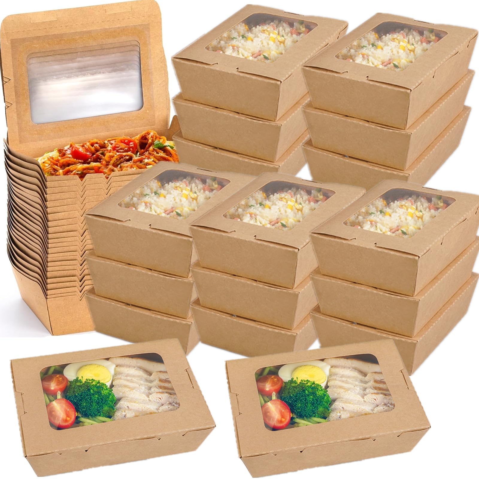 Paquete de 50 recipientes de comida para llevar con ventana, cajas de papel kraft de 40 onzas para microondas, recipientes plegables para repostería para catering, restaurantes, fiestas