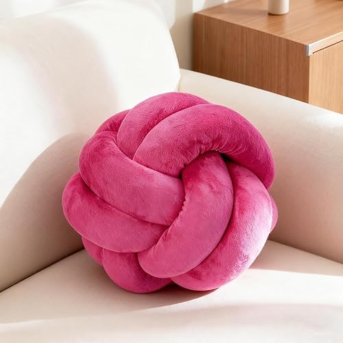 Almohada de nudo de bola, almohada de nudo rosa intenso, almohadas decorativas suaves para el hogar, almohada redonda de felpa rosa anudada para