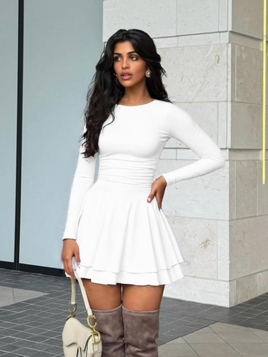 Kaximil Women's Crew Neck Long Sleeve Corset Mini Dress Ruffle Hem Short Party Club Dresses - Image 3